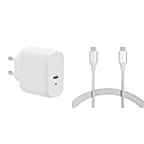 Amazon Basics Chargeur Mural à 1 Port USB-C 65 W, GaN, pour Ordinateurs Portables, Blanc & Câble en Nylon à Double tressage ...