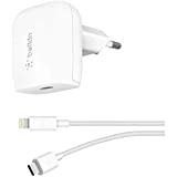 Belkin Chargeur secteur USB-C 20 W avec câble USB-C vers Lightning de 1,2 m (iPhone 14, 13, ou 12, iPad Air 2020, iPad ...