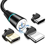 Câble de Chargeur Magnétique, 3 en 1 3A Charge Rapide et Synchro Données Câble Aimanté avec Micro USB, Type C, ...