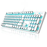Clavier de jeu mécanique style machine à écrire, blanc rétro punk clavier de jeu avec rétroéclairage bleu, 104 touches bleu, ...