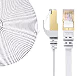 Elfcam® - 8m Câble Réseau Ethernet RJ45, Cat 7 STP 100% Cuivre, Câble Plat, 32 AWG, Blanc (8M)