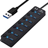 Hesty Hub USB 3.0 à 7 ports, Répartiteur multi-ports USB avec interrupteurs marche/arrêt individuels, port de charge intelligent USB, extension ...