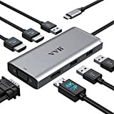 Hub USB C, Stations d'accueil USB C Double Moniteur, Quadruple Affichage Adaptateur multiport, USB-C Docking Station avec DP/DisplayPort+Dual HDMI+VGA+3USB 2.0, ...