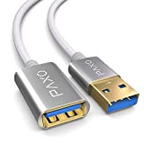 PAXO Rallonge USB 2m Nylon USB 3.1 (USB 3.0) blanche, câble de rallonge A-A, fiche en aluminium, gaine en tissu