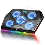 TECKNET Ventilateur PC Portable, Éclairage RGB Gaming Refroidisseur Ordinateur Portable 12-19 Pouces avec 5 Ventilateurs Silencieux, 2 Hauteurs Réglables, 2 ...